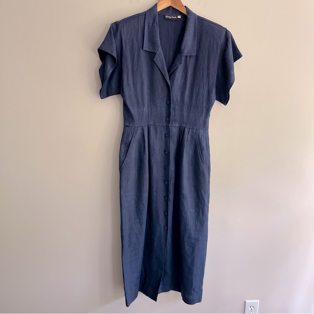Lindsey Brooke Vintage Midnight Blue Midi Linen Button Down Dress size 10